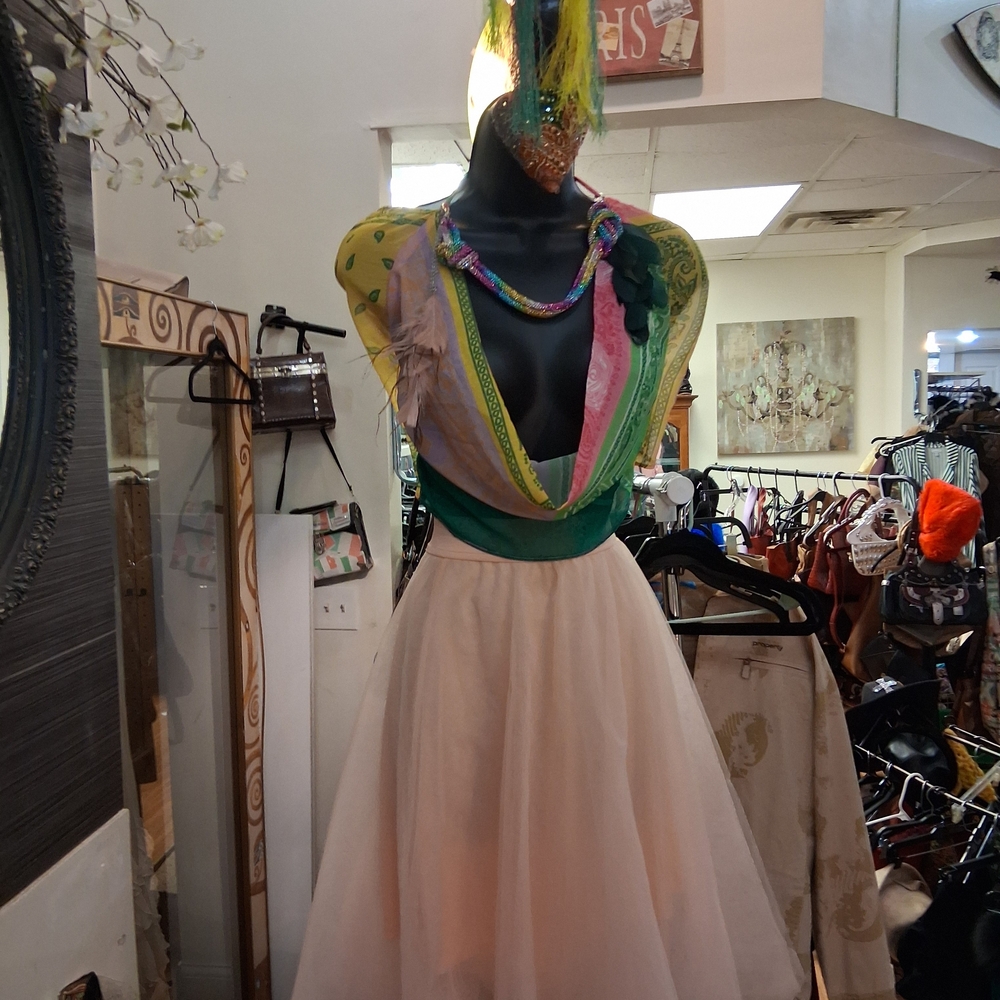 Colorful Layered Top with Cream Skirt